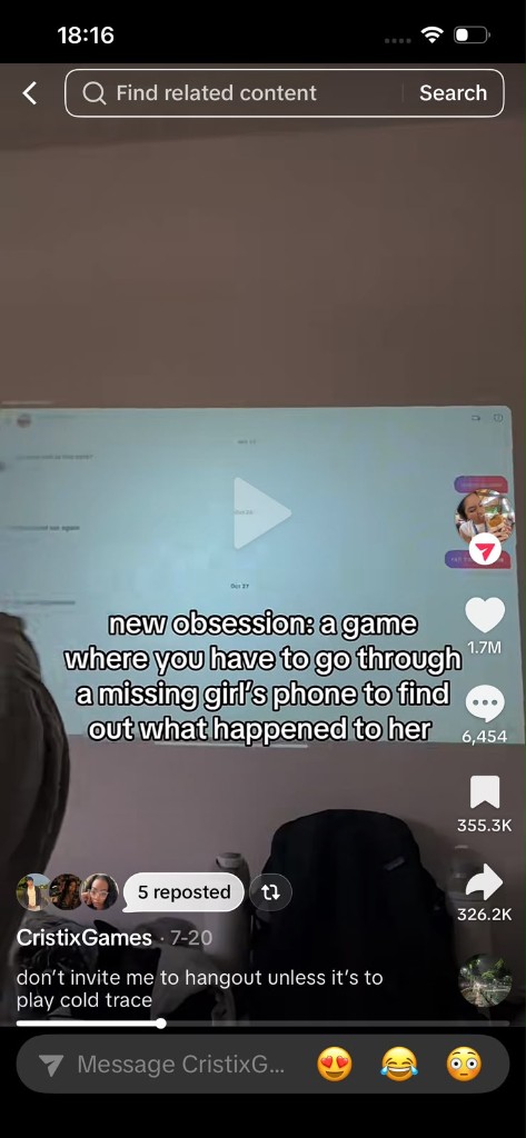 TV showing a message thread with a play button