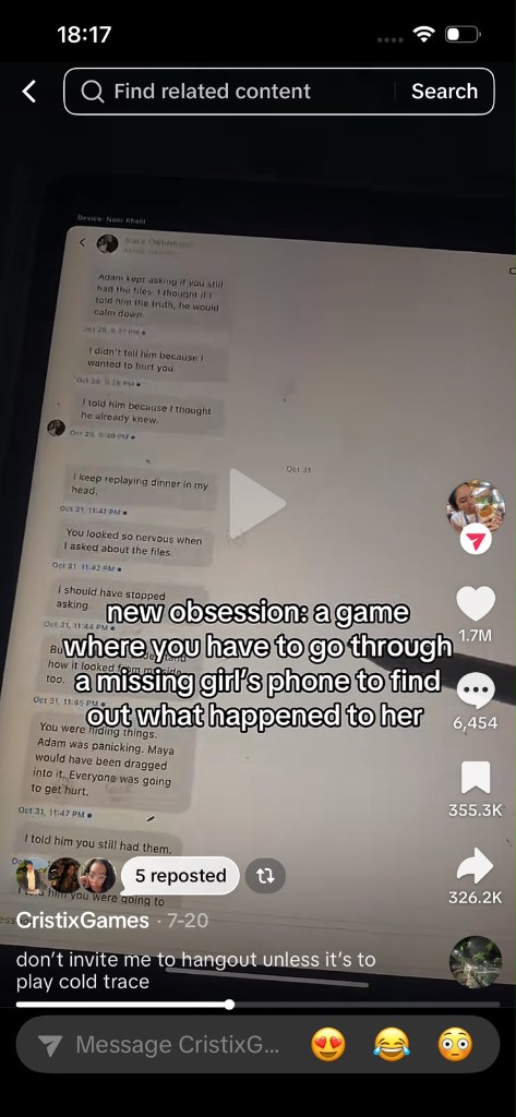 Tablet showing a suspicious chat about Adam, Maya, and files